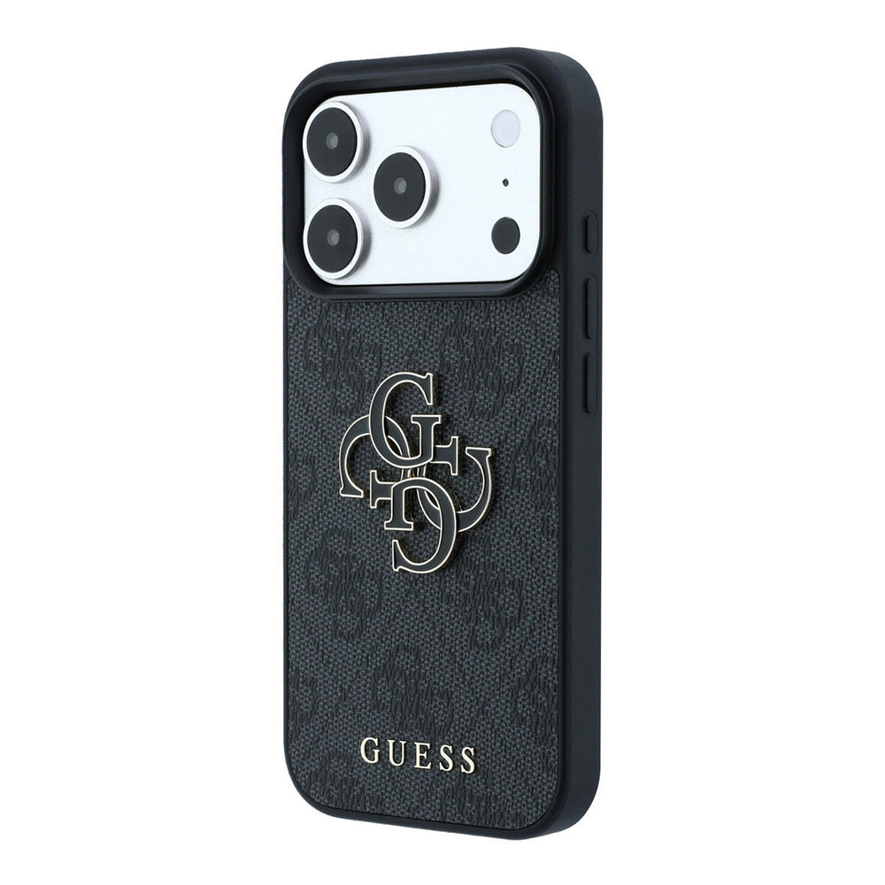Zwart Guess telefoonhoesje met 4G-patroon en groot logo, schuin van achteren