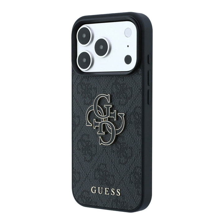 Zwart Guess telefoonhoesje met 4G-patroon en groot logo, schuin van achteren