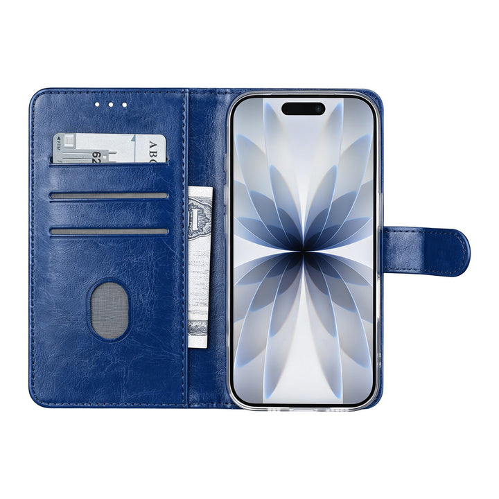 Geopende blauwe TUNIQ bookcase met kaartvakken, geldvak en telefoon