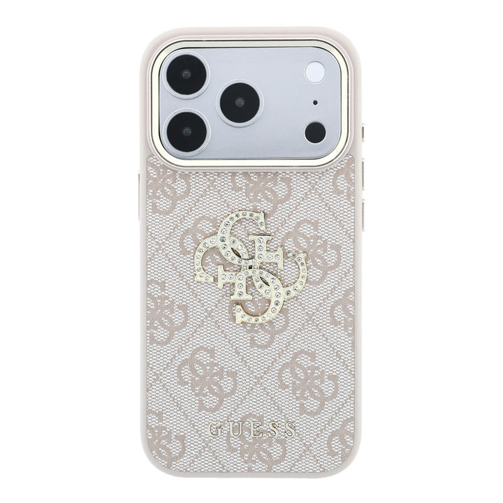 Lichtgekleurd Guess telefoonhoesje met 4G-patroon en groot strasslogo, van achteren