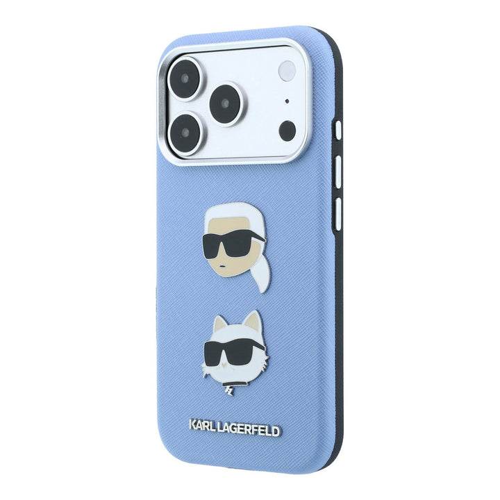 Lichtblauw Karl Lagerfeld telefoonhoesje met hoofden van Karl en Choupette, schuin van achteren