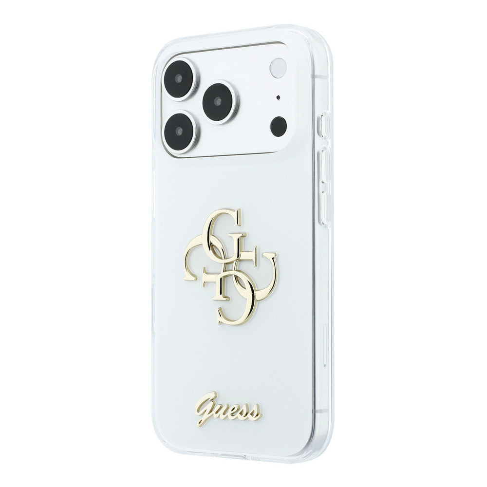 Wit Guess telefoonhoesje met groot 4G-logo en goudkleurig schriftlogo, schuin van achteren