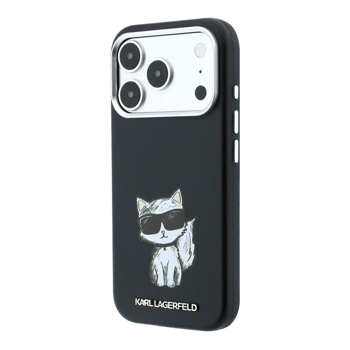 Zwart Karl Lagerfeld telefoonhoesje met figuur van Choupette, schuin van achteren