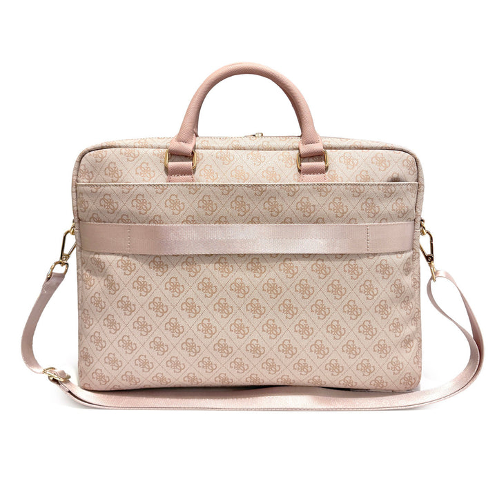 Achterkant van roze Guess laptoptas met breed bandvak