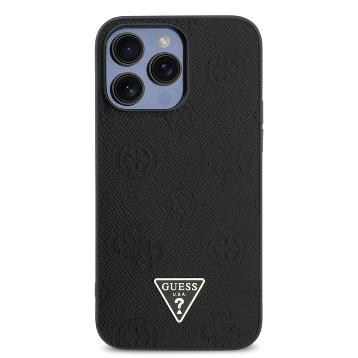 Zwart Guess telefoonhoesje met bloemenpatroon en driehoekslogo, schuin van achteren