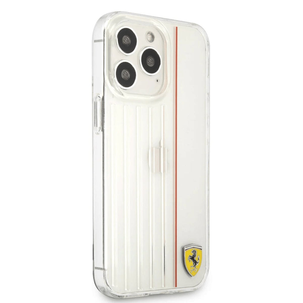 Transparant Ferrari telefoonhoesje met strepen en geel schildlogo, schuin van achteren