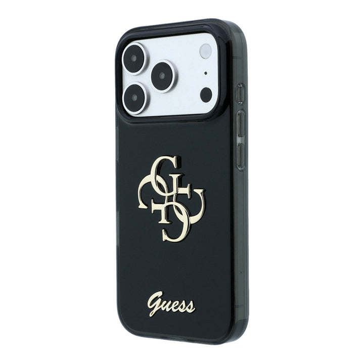 Zwart Guess telefoonhoesje met groot 4G-logo en goudkleurig schriftlogo, schuin van achteren