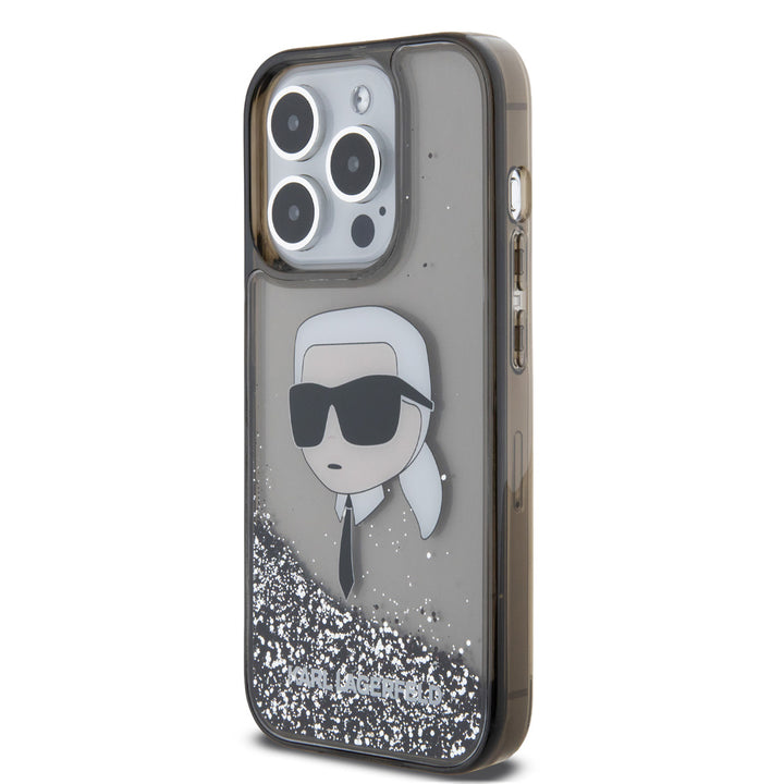 Transparant Karl Lagerfeld telefoonhoesje met zilverkleurige glitters en Karl-hoofd, schuin van achteren