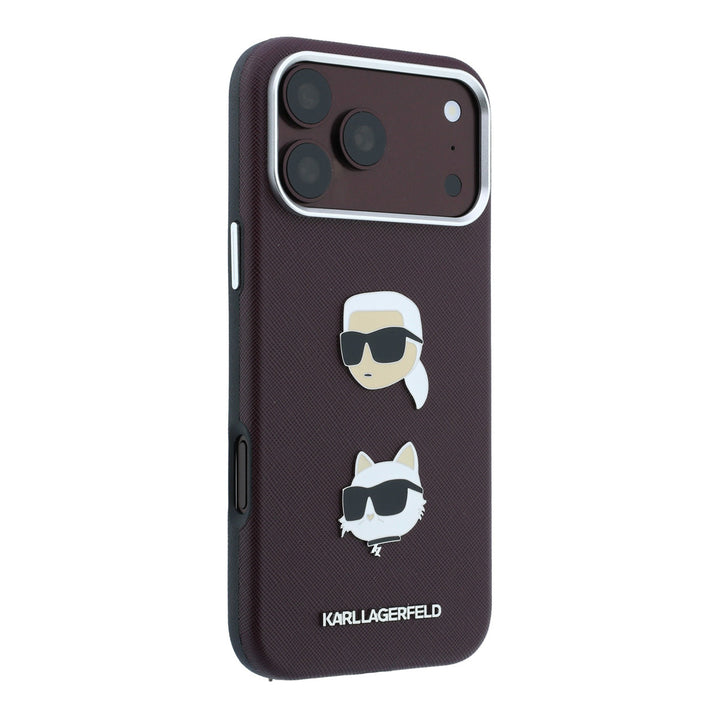 Bordeauxkleurig Karl Lagerfeld telefoonhoesje met hoofden van Karl en Choupette, schuin van achteren