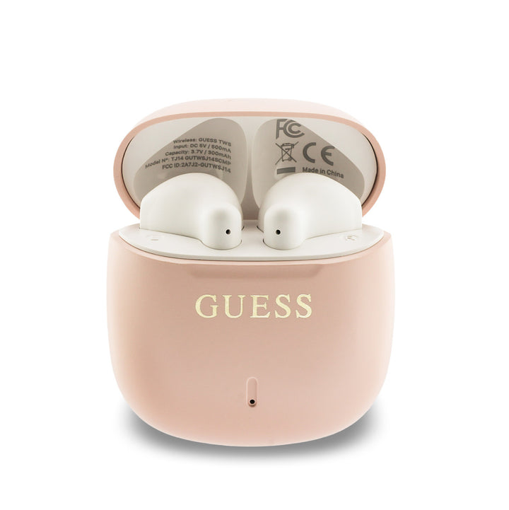 Geopende lichtroze Guess oplaadcase met witte oordopjes