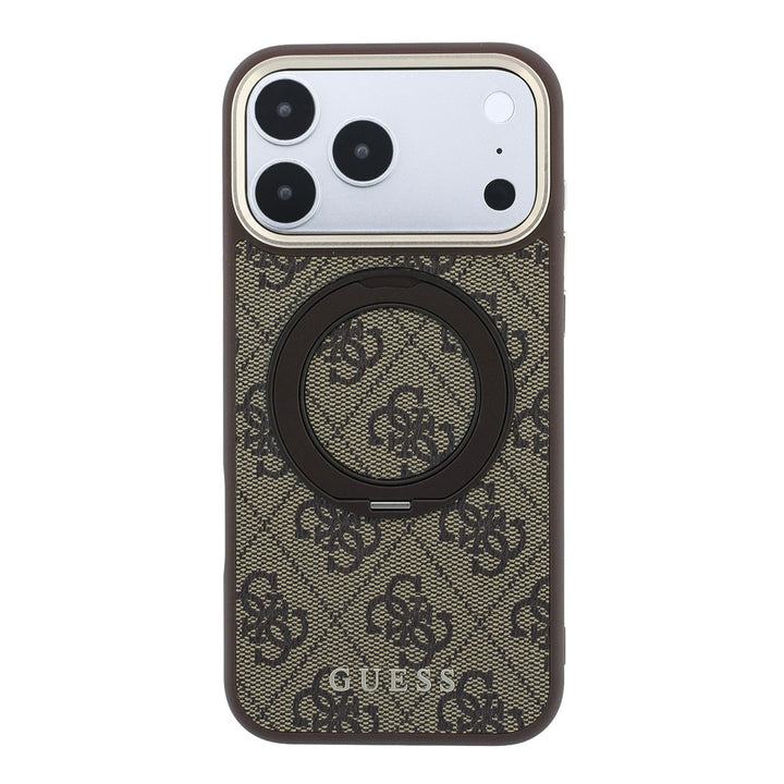 Bruin Guess telefoonhoesje met 4G-patroon met ingeklapte ringstandaard, van achteren