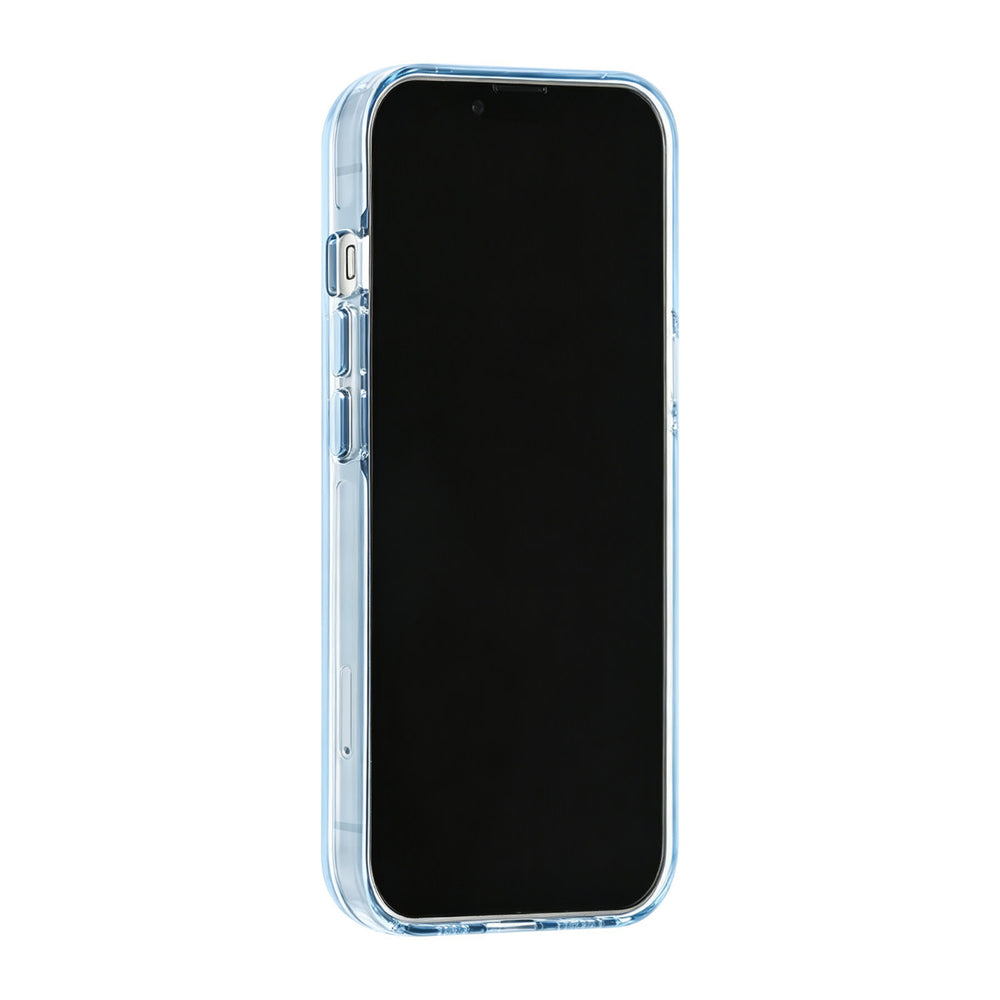 Blauw TUNIQ telefoonhoesje, van voren op een telefoon