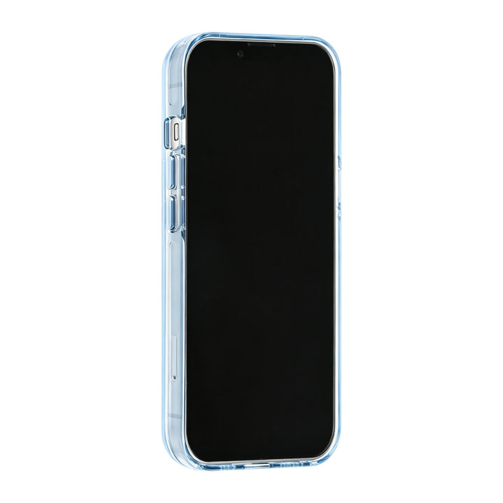 Blauw TUNIQ telefoonhoesje, van voren op een telefoon