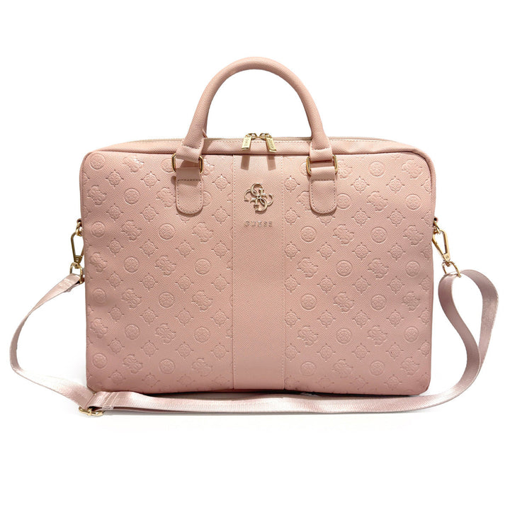 Roze Guess laptoptas met logo, handvatten en schouderriem van voren