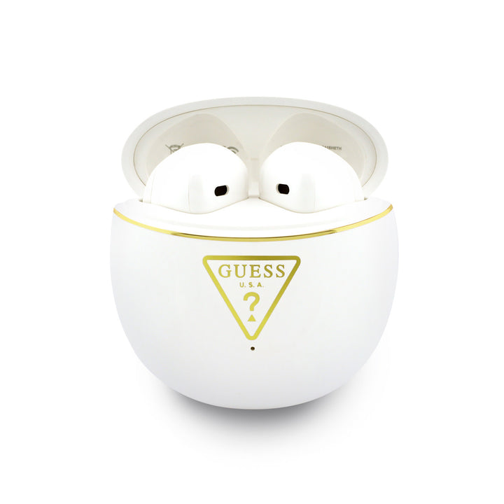 Geopende witte Guess oplaadcase met oordopjes
