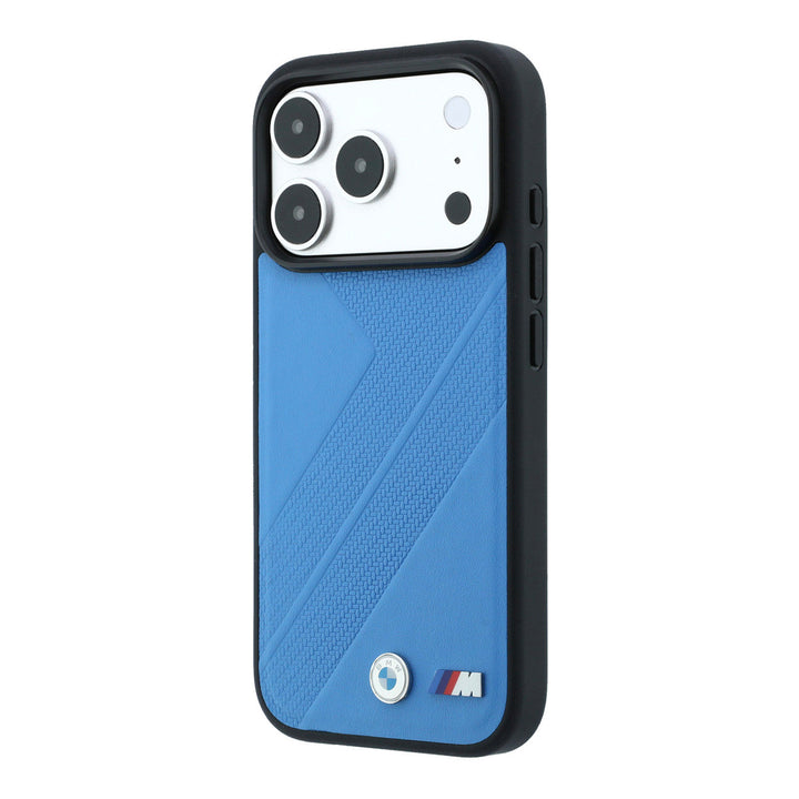 Blauw BMW telefoonhoesje met bandprofiel en M-logo, schuin van achteren