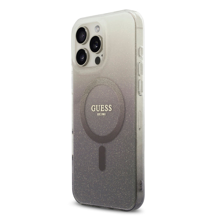 Guess telefoonhoesje met grijs-zwart kleurverloop, glitters en ring, schuin van achteren
