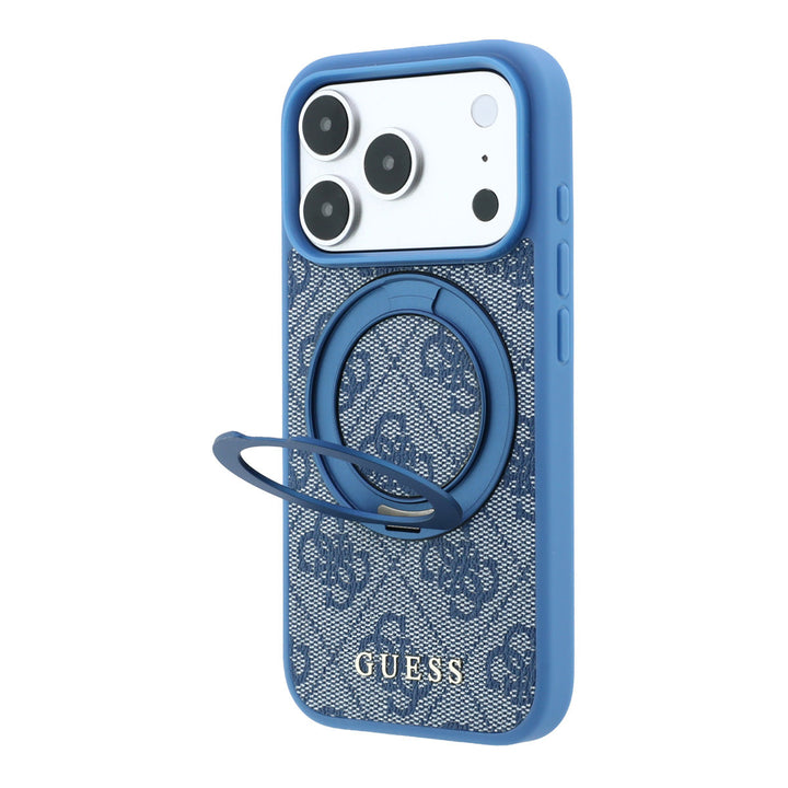 Blauw Guess telefoonhoesje met 4G-patroon met uitgeklapte ringstandaard