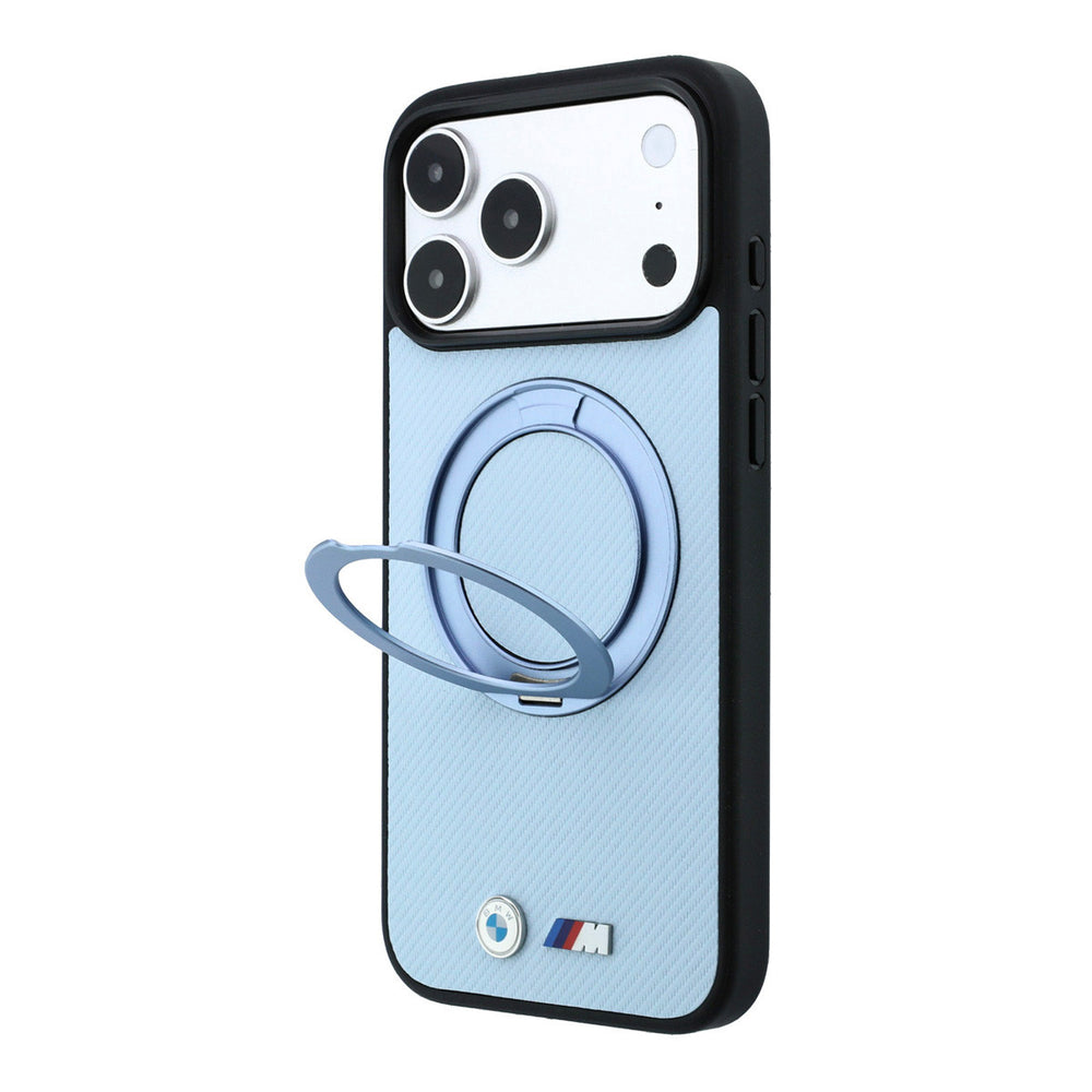 Lichtblauw BMW telefoonhoesje met zwarte rand en M-logo met uitgeklapte ringstandaard