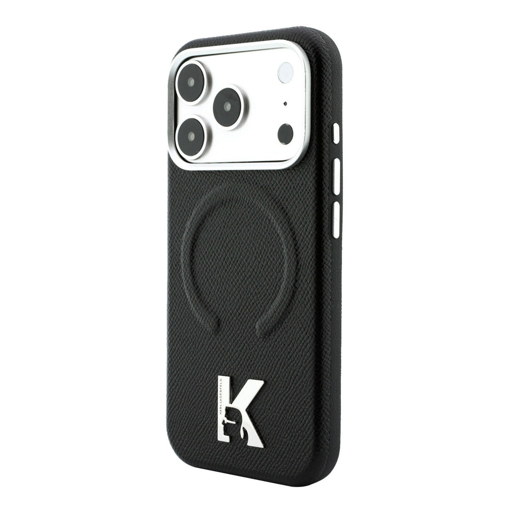 Zwart Karl Lagerfeld telefoonhoesje met ingedrukt ringpatroon en K-logo, schuin van achteren