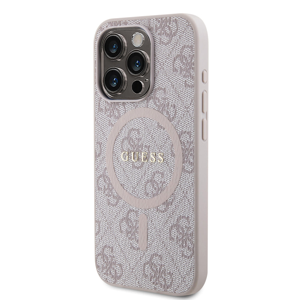 Roze Guess telefoonhoesje met 4G-patroon en rond logo, schuin van achteren