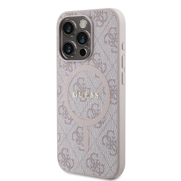 Roze Guess telefoonhoesje met 4G-patroon en rond logo, schuin van achteren