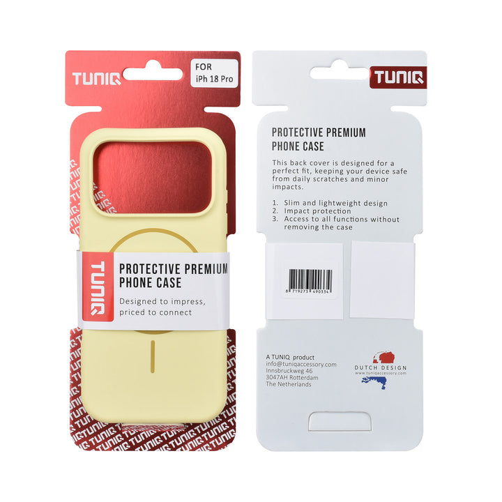 Voor- en achterkant van verpakking van geel TUNIQ telefoonhoesje met ring