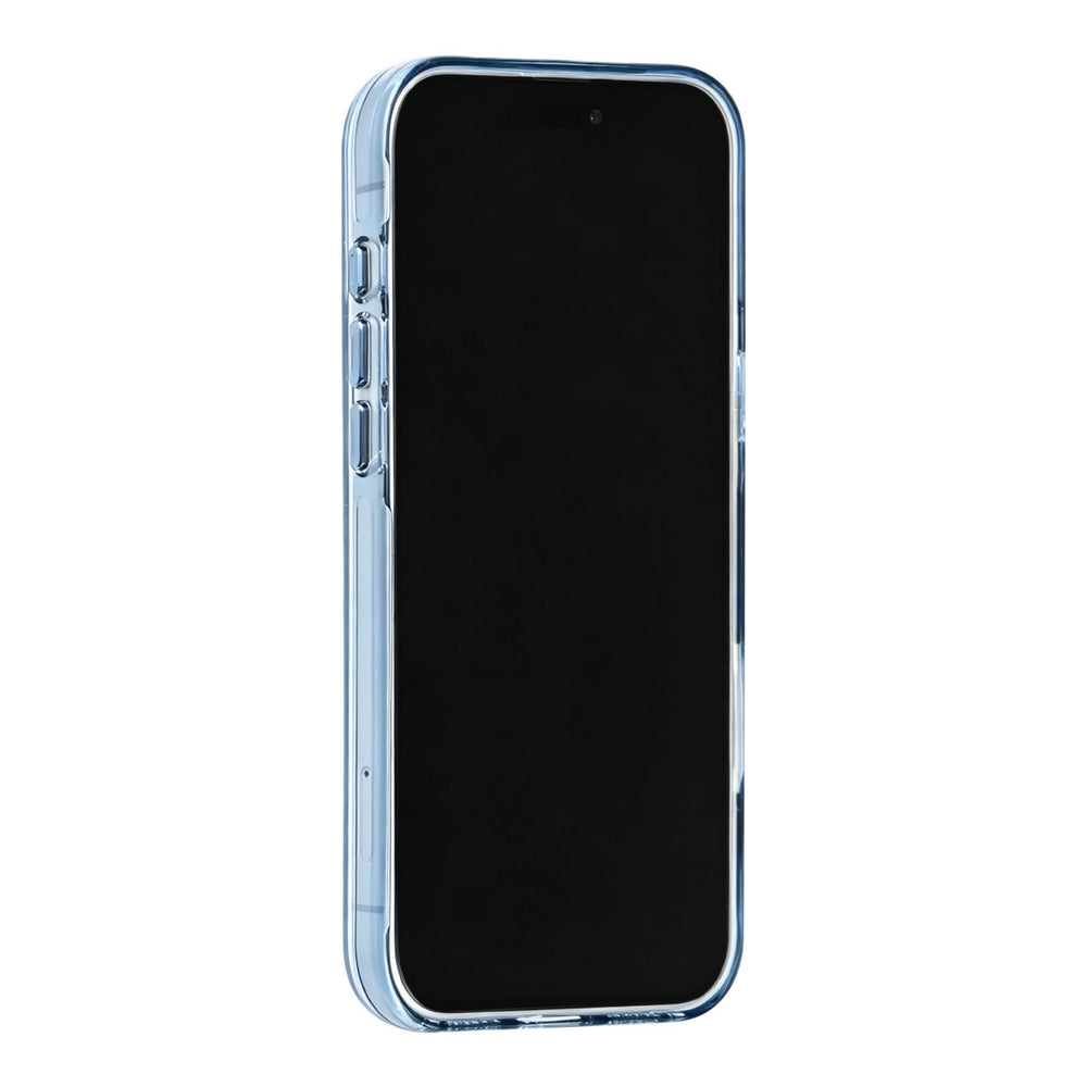 Blauw TUNIQ telefoonhoesje, van voren op een telefoon