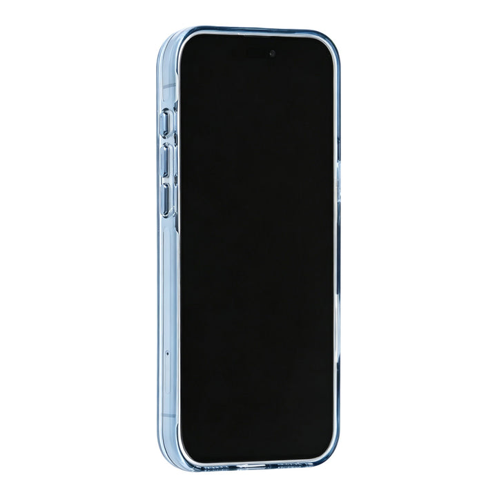 Blauw TUNIQ telefoonhoesje, van voren op een telefoon