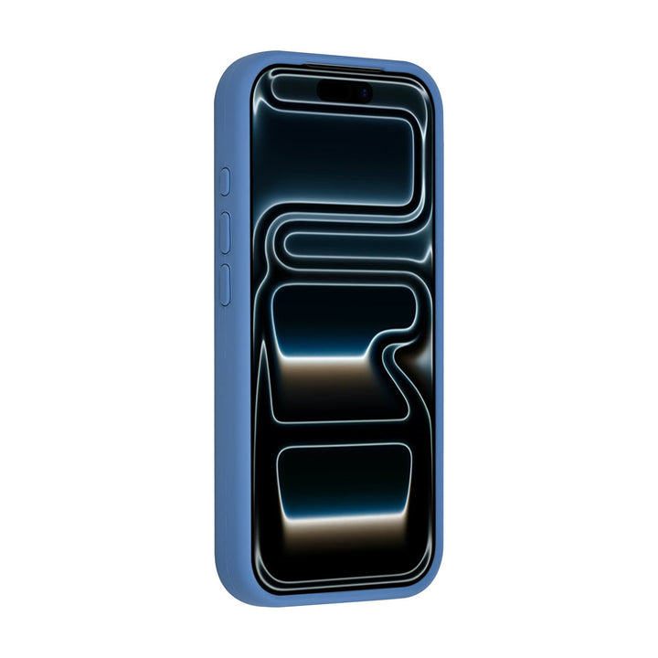 Blauw TUNIQ telefoonhoesje, van voren op een telefoon