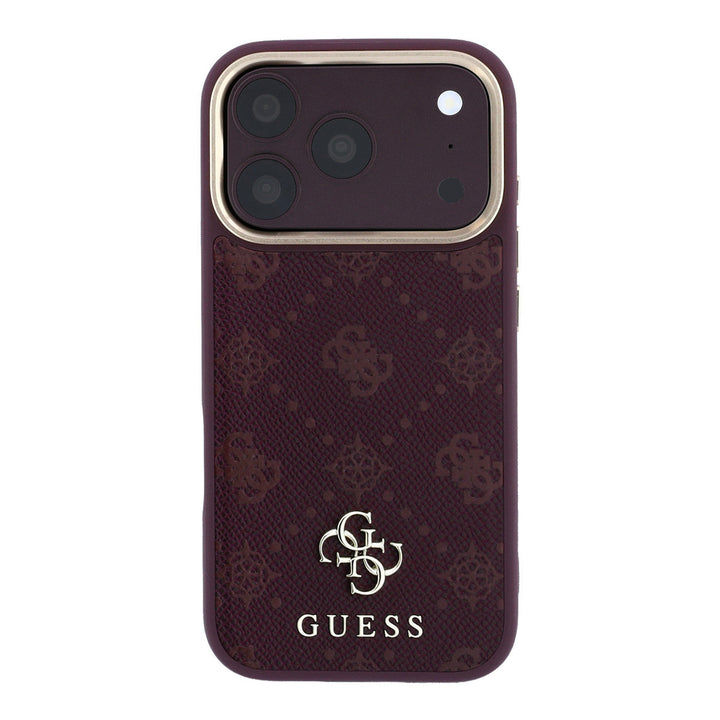 Bordeauxkleurig Guess telefoonhoesje met 4G-patroon en klein logo, van achteren