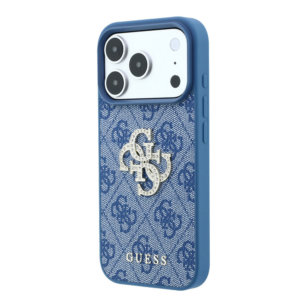 Blauw Guess telefoonhoesje met 4G-patroon en groot strasslogo, schuin van achteren