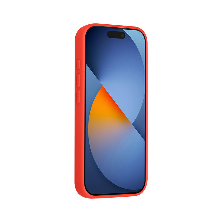 Rood TUNIQ telefoonhoesje, van voren op een telefoon
