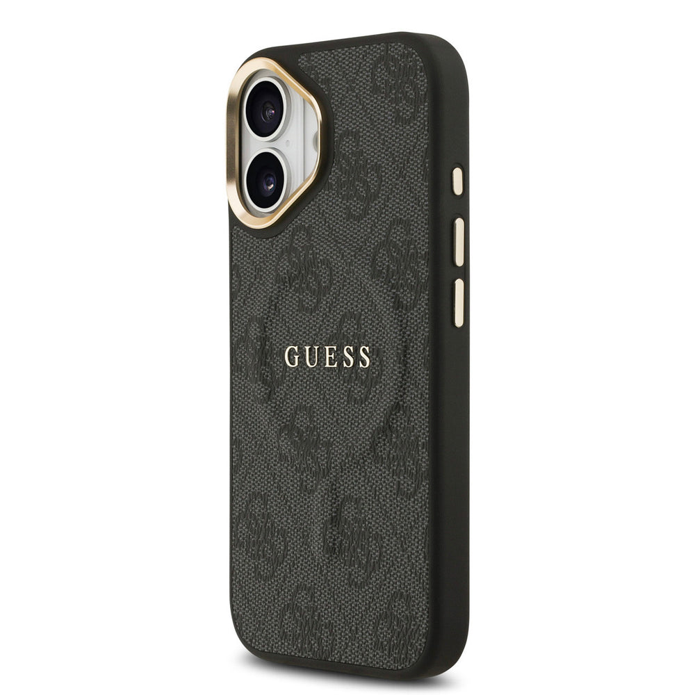 Zwart Guess telefoonhoesje met 4G-patroon en klassiek logo, schuin van achteren