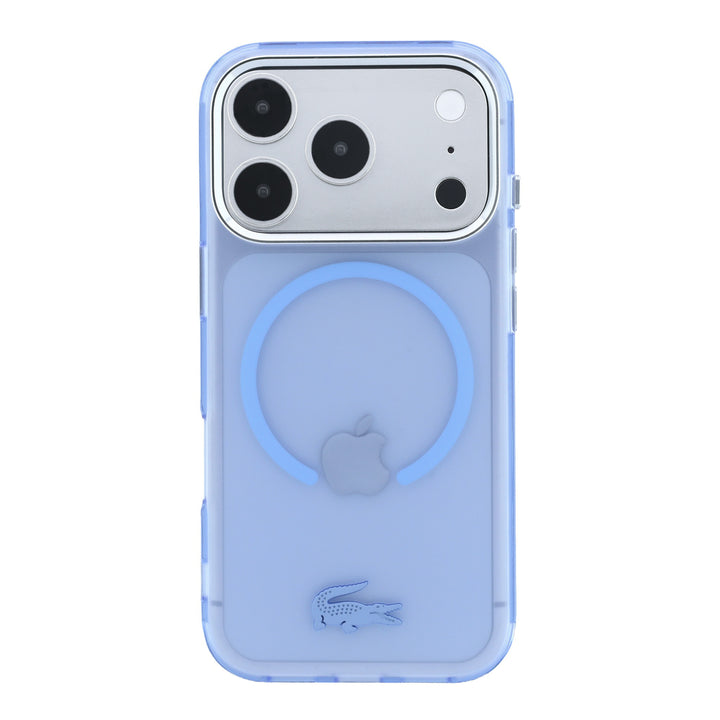 Blauw transparant Lacoste telefoonhoesje met ring en krokodillenlogo, schuin van achteren