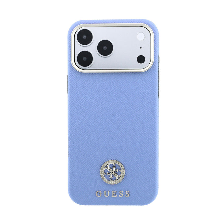 Lichtblauw Guess telefoonhoesje met rond strasslogo, van achteren