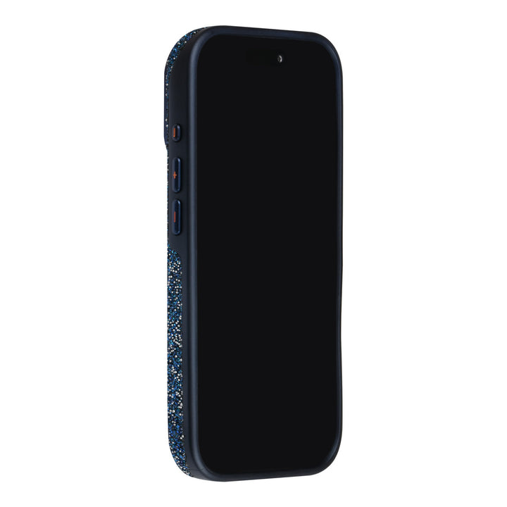 Blauw TUNIQ telefoonhoesje, van voren op een telefoon