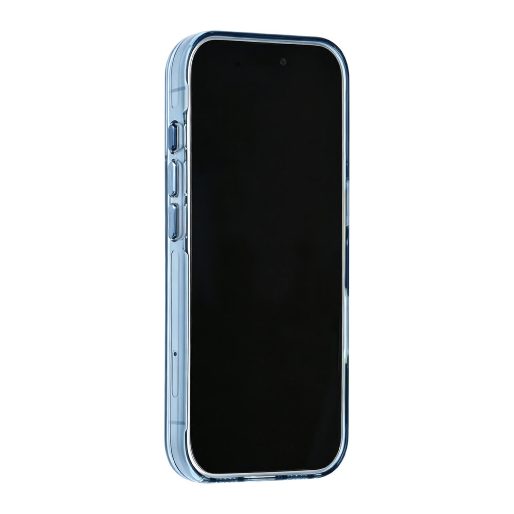 Blauw TUNIQ telefoonhoesje, van voren op een telefoon
