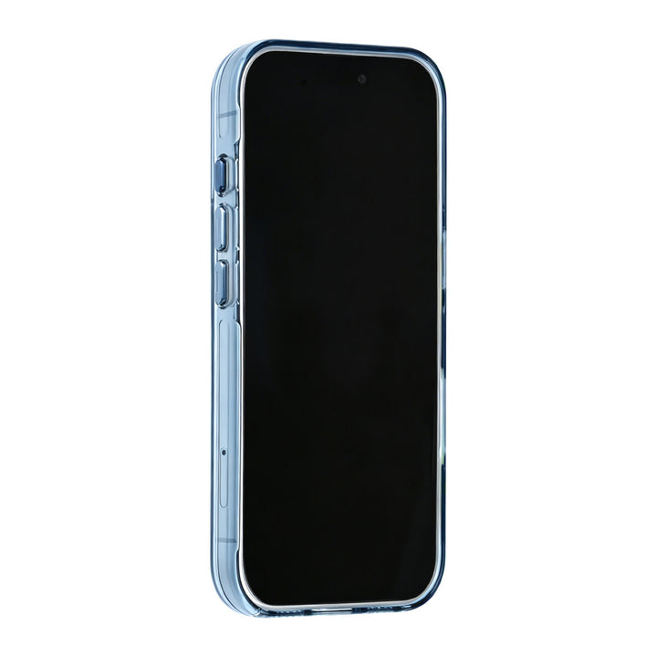 Blauw TUNIQ telefoonhoesje, van voren op een telefoon