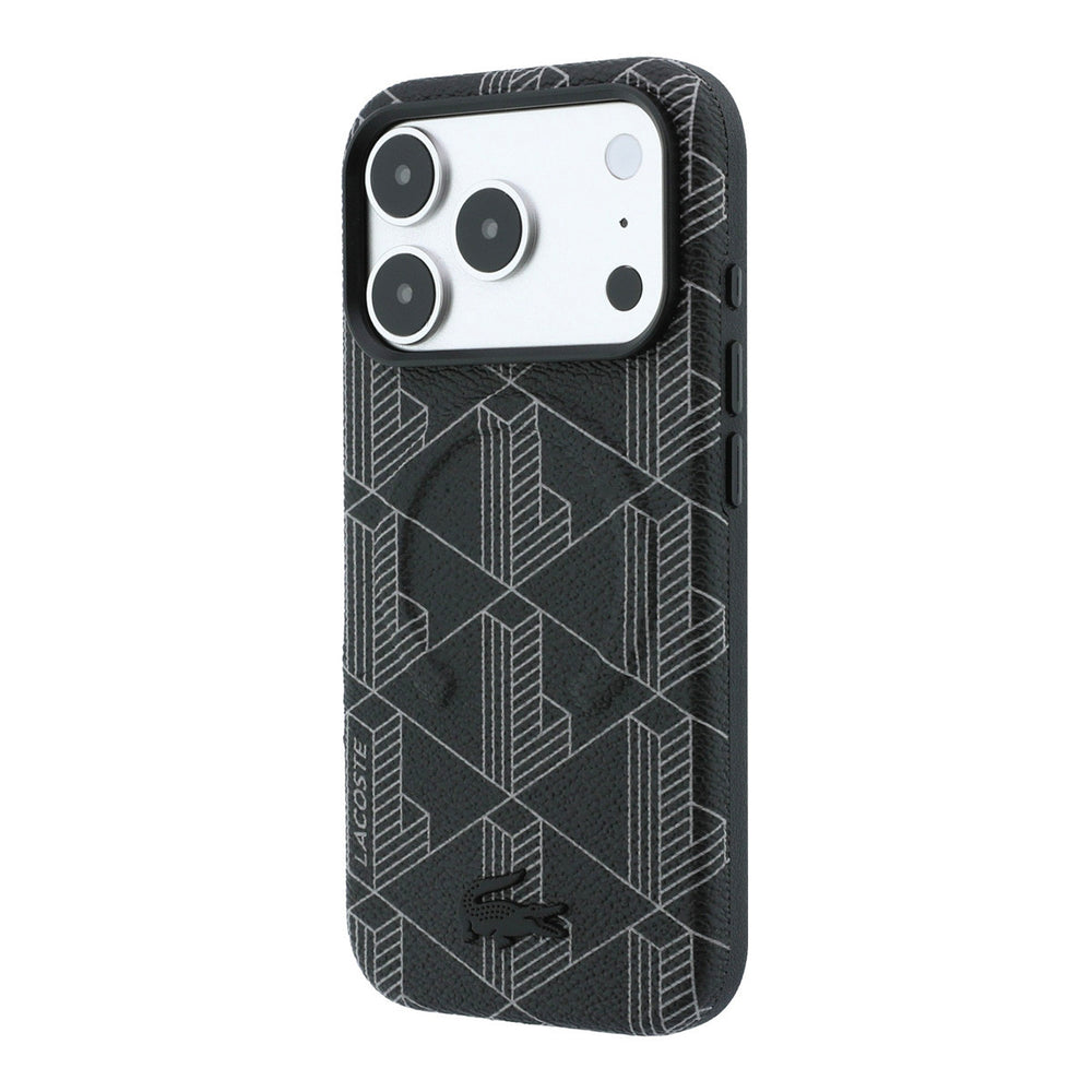 Zwart Lacoste telefoonhoesje met geometrisch patroon, schuin van achteren