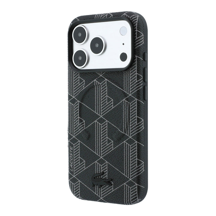 Zwart Lacoste telefoonhoesje met geometrisch patroon, schuin van achteren