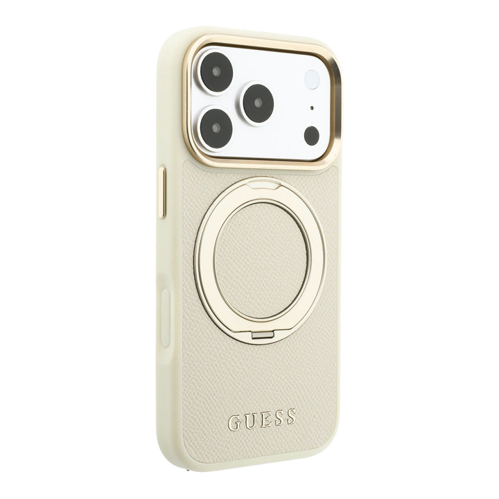 Beige Guess telefoonhoesje met ingeklapte ringstandaard, schuin van achteren