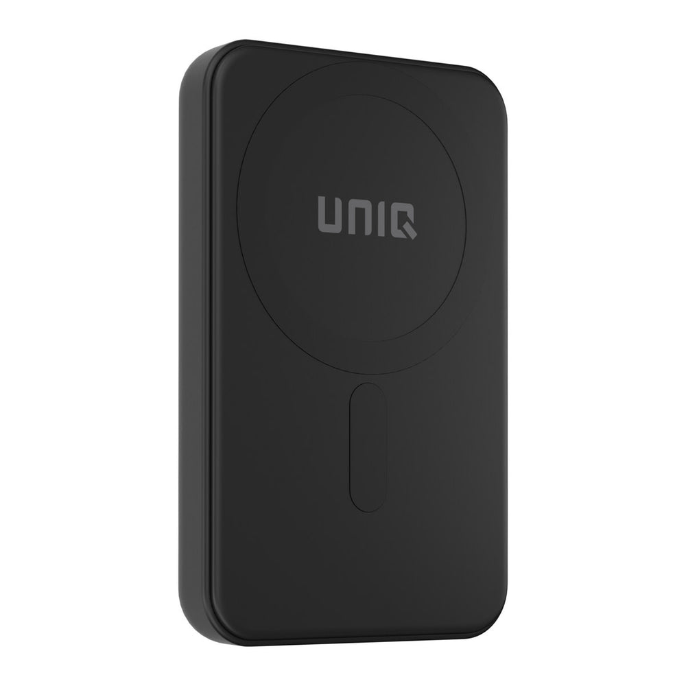 Zwarte TUNIQ powerbank met ronde markering en logo