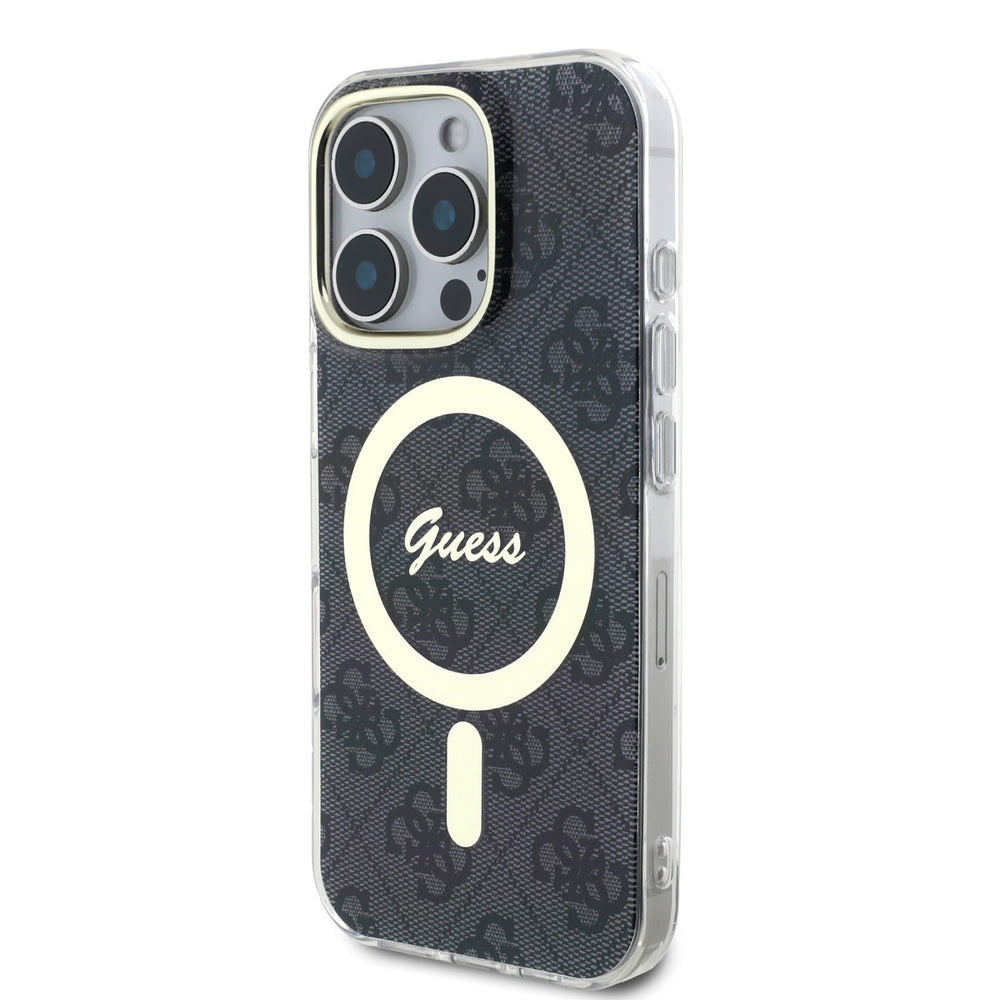 Zwart Guess telefoonhoesje met 4G-patroon en lichtgekleurde ring, schuin van achteren