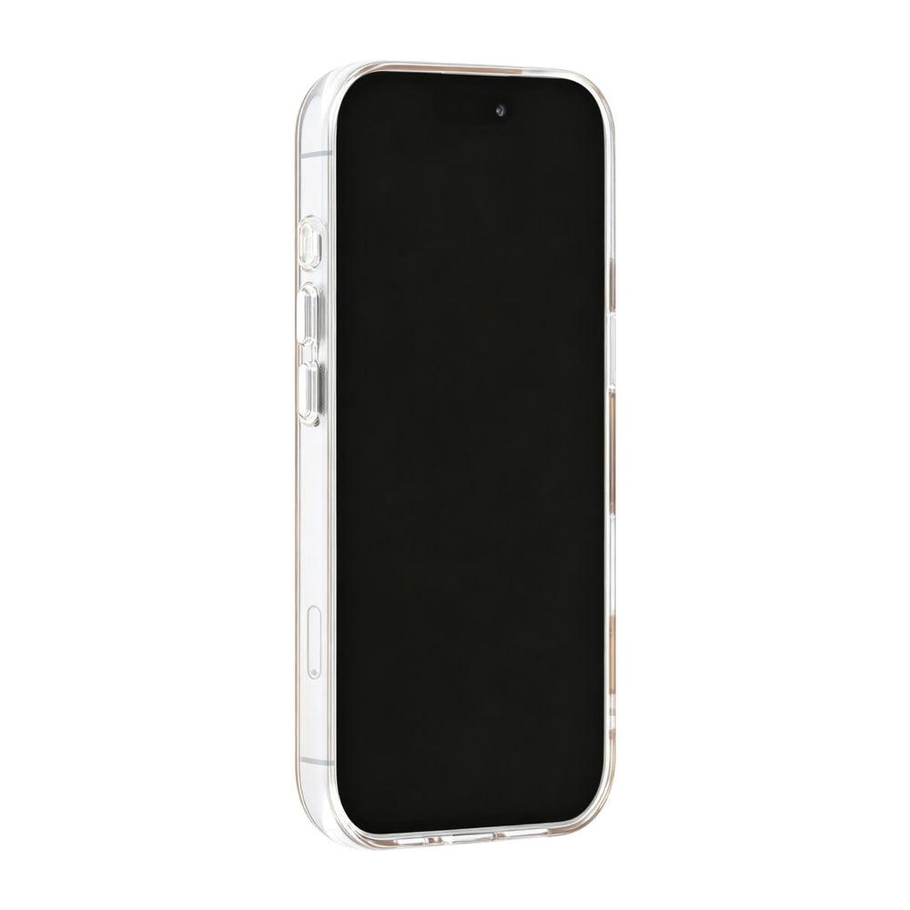 Goudkleurig TUNIQ telefoonhoesje, van voren op een telefoon