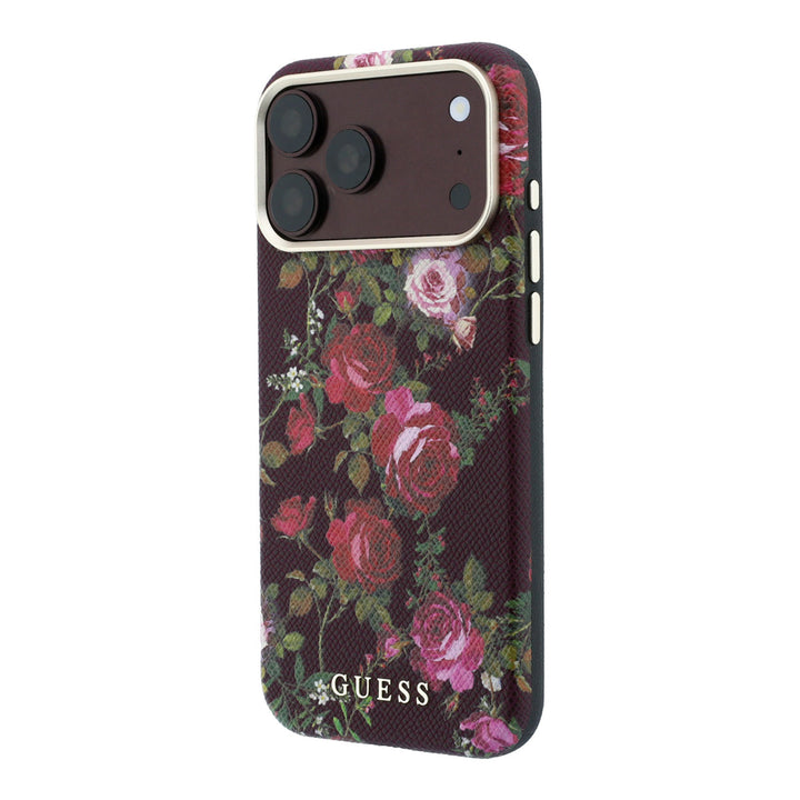 Zwart Guess telefoonhoesje met rozenprint, schuin van achteren