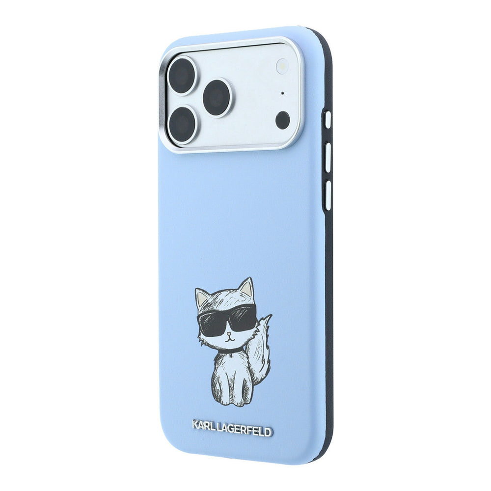 Lichtblauw Karl Lagerfeld telefoonhoesje met figuur van Choupette, schuin van achteren