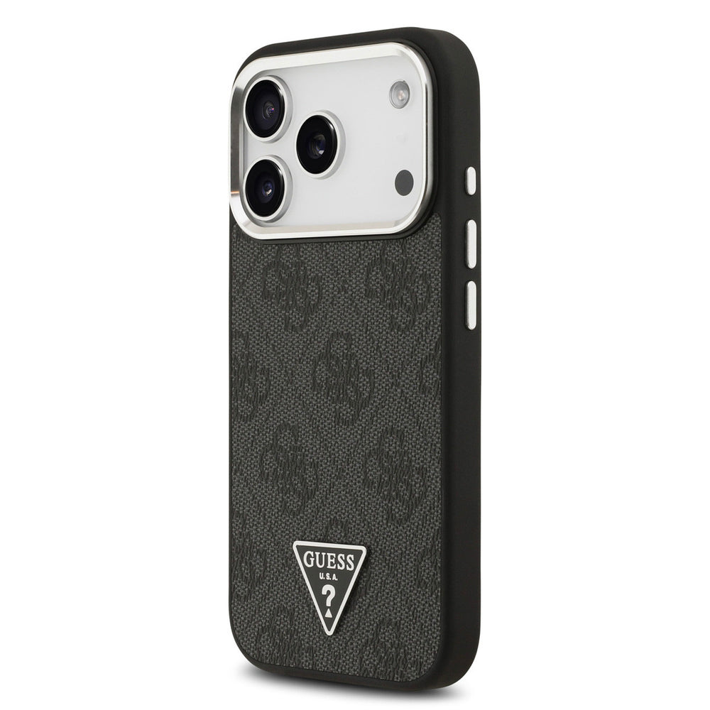Zwart Guess telefoonhoesje met 4G-patroon en driehoekslogo, schuin van achteren