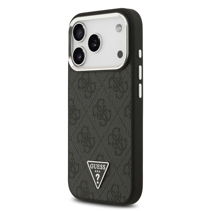 Zwart Guess telefoonhoesje met 4G-patroon en driehoekslogo, schuin van achteren