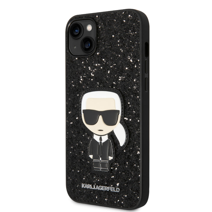 Zwart Karl Lagerfeld telefoonhoesje met glitters en Karl-figuur, schuin van achteren